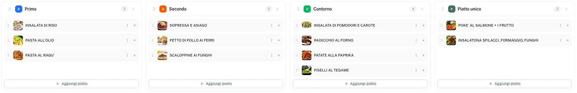Editor menù MiSazio con piatti organizzati per categoria